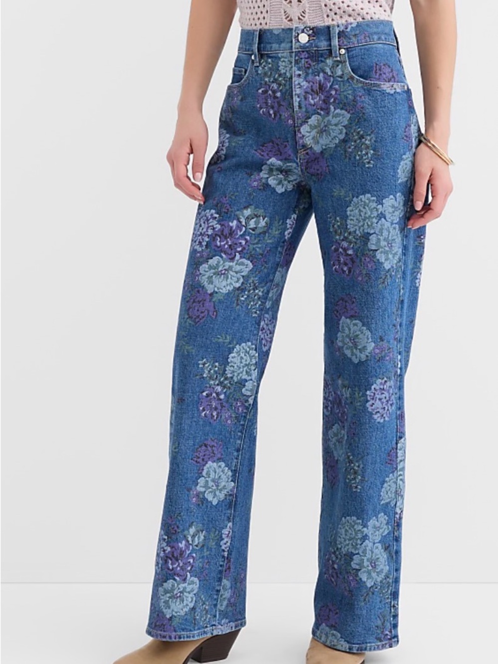 LOFT Blue Jeans Denim Wide-Leg Jeans with Floral Print